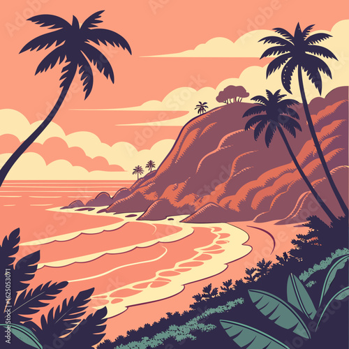 Seaside Serenity: A beautiful landscape in a tropical setting, featuring gently rolling waves, palm trees, and a sense of peacefulness.