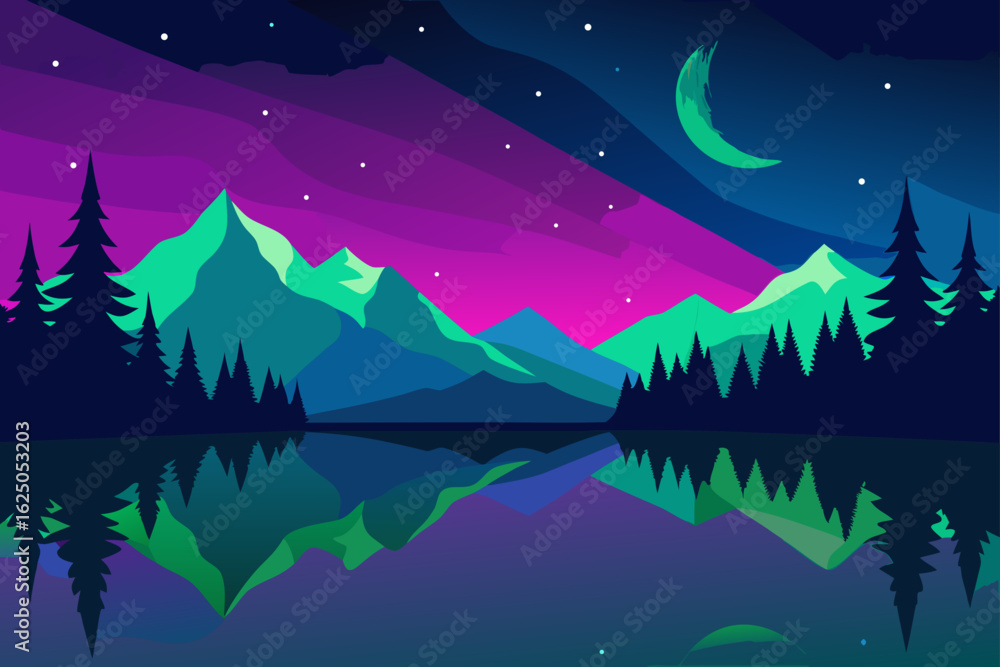 Fototapeta premium Vibrant mountain landscape under a colorful night sky with crescent moon