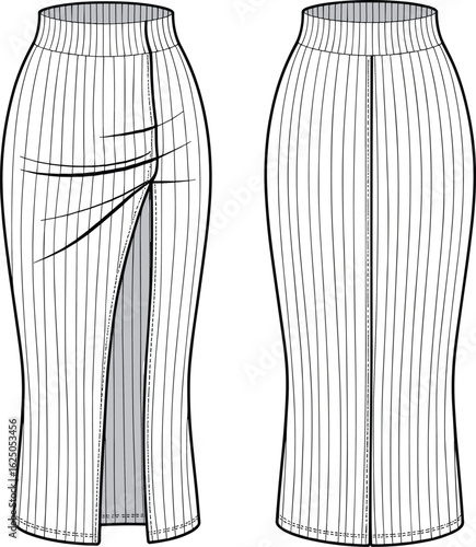 Cad drawing flat vector illustration, wrap pencil skirt, vertical stripe detail, high waist design, front slit, back seam, fashion sketch**