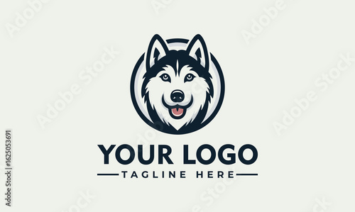A stylized logo featuring a smiling husky dog's head within a circular frame, with text below.