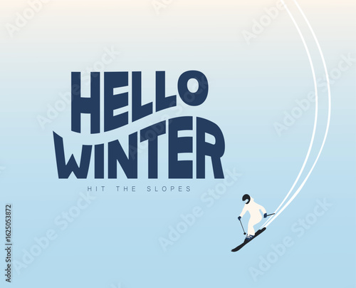Minimal winter landscape with ski and calligraphy phrase "Hello Winter". Stylish seasonal illustration with skier character. Perfect for web, banners, social media.