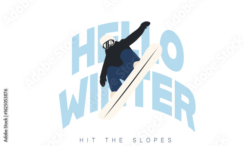 Minimal winter landscape with calligraphy phrase "Hello Winter". Stylish seasonal illustration with skier/snowboarder character. Perfect for web, banners, social media.