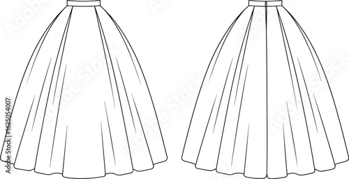 Cad drawing flat vector illustration, flared skirt design, pleated and smooth variations, waistband detail, fashion sketch, garment template, apparel flat