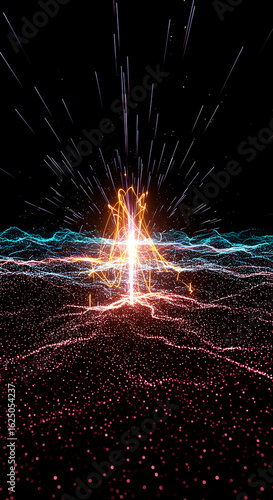 Abstract digital landscape with bright light burst and data streams