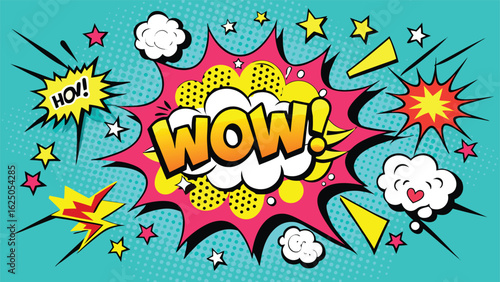 Comic book style text with repeated wow and boom expressions in vibrant colors, conveying excitement and energy..eps