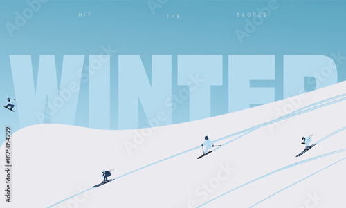 Flat winter mountain scene with ski lifts and skiers. Winter sport scene snowy illustration for tourism, banners, and travel promotions.