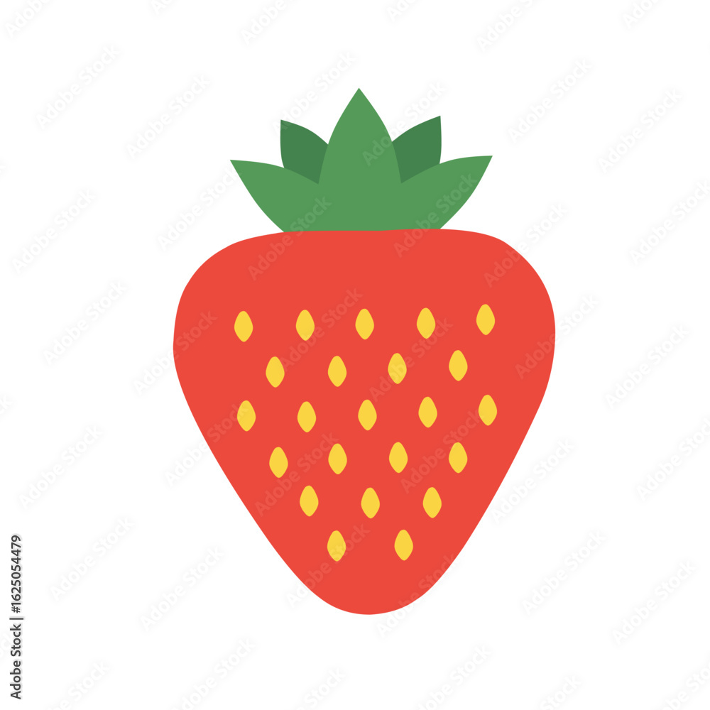 Fototapeta premium Flat vector strawberry icon with red body and green leaves. Bright and cute design for desserts, snacks, or summer themes