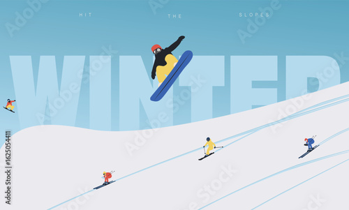 Stylish winter sport illustration with skiers and snowboarders in snowy mountain landscape. Bold background typography with the word “WINTER”. Great for seasonal posters, travel ads, and holiday 