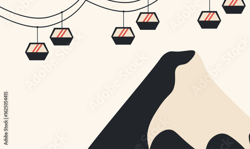 Minimalist flat winter illustration of snowy mountain landscape with ski lift gondolas. Calm and minimal design perfect for tourism, winter vacation ads, resort banners, or seasonal backgrounds.