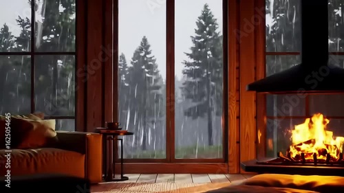 Cozy cabin rain; fireplace, forest view, relaxation