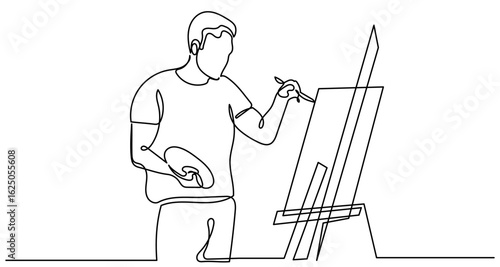 Continuous line drawing of a Professional artist painting a picture on canvas.A talented Young man artist with a brush in his hand picks up an oil painting.Painting Concept Work as a hobby,vector.