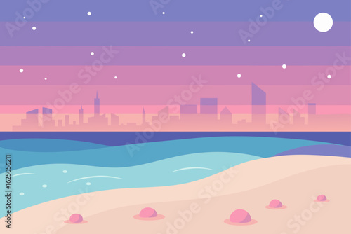 Serene beach landscape with city skyline at sunset or twilight