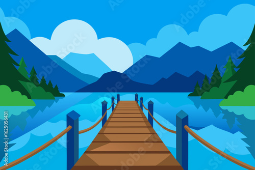 Wooden pier extending into a calm lake with mountains and trees