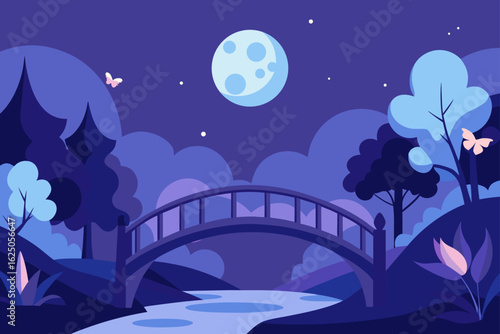 Serene night landscape with a bridge over a river under a full moon