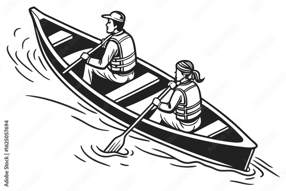 Fototapeta premium Couple canoeing together on a lake with paddles kayaking