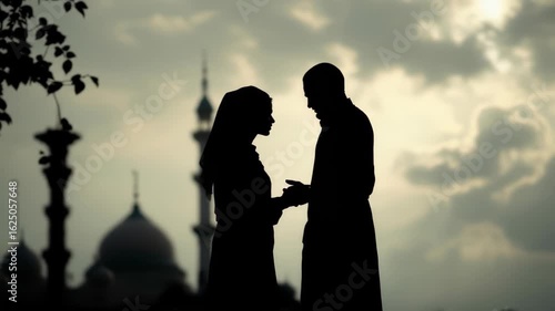 Silhouette of Muslim couple holding hands with mosque background creates an atmosphere romantic