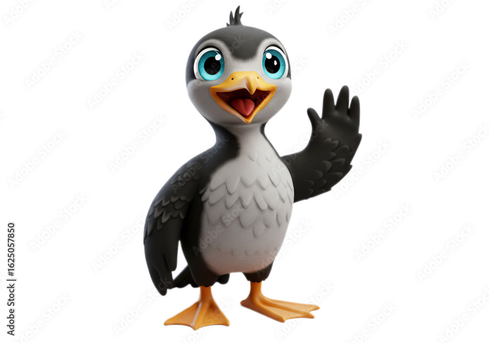 Obraz premium Cartoon Bird Waving Hello with Bright Blue Eyes on Transparent Background