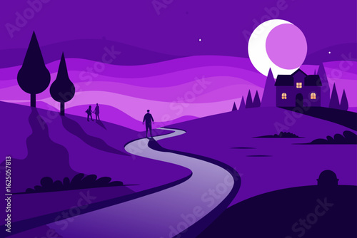 People walking on a winding path towards a house under a large moon