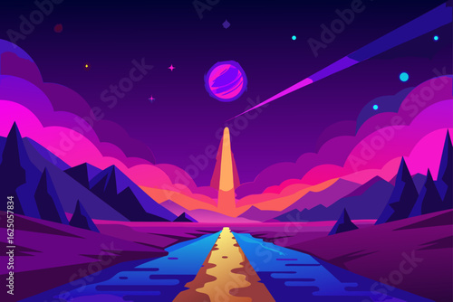 Vibrant alien landscape with a glowing river and celestial bodies