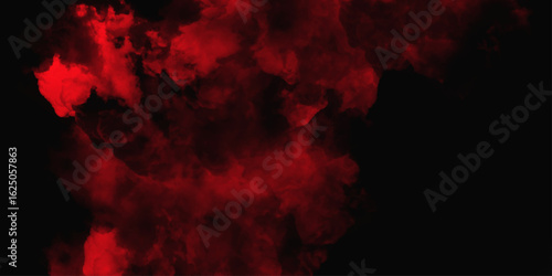 Red color powder explosion isolated on black background. Colorful dust explode. Paint Holi, dust particles splash. Network concept with spray. Futuristic technology element. 3D rendering.