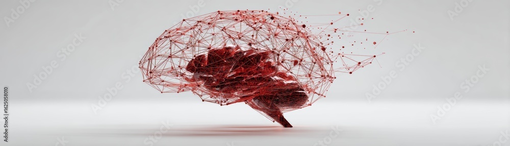 Obraz premium A striking 3D rendering of a brain composed of red interconnected lines and nodes, symbolizing neural connections and advanced technology, AI Super Agents