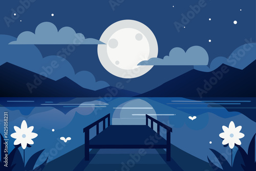 Serene night landscape with a full moon over a calm lake and a wooden pier