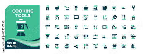 Cooking tools colorful icon set in solid style. Contain filled symbols mixer, knife, restaurant, plate, equipment, cooking and more. Trendy minimal icons. Boil icon set. Vector illustration.