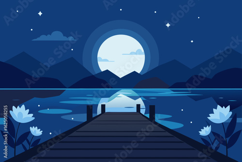 Serene night landscape with moonlit lake and wooden pier
