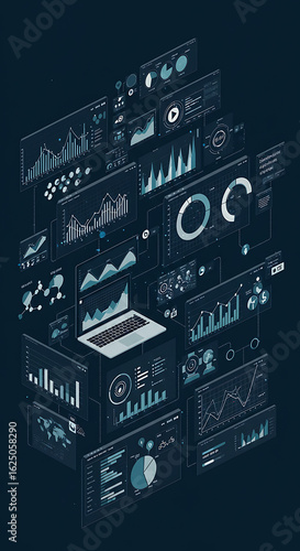 Complex data visualization with charts graphs and a laptop in a futuristic digital display