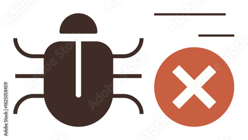 Simplistic design showing a bug next to a red cross mark, representing error detection, debugging, risk management, data accuracy, troubleshooting, software testing, and development. Ideal for simple