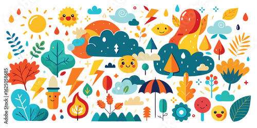 Fun and colorful vector seamless pattern set with cartoon butterflies, hand prints, and hand drawn flowers for children's art and design