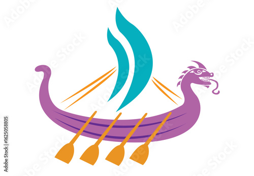 Stylized Viking Ship with Dragon Head Flat Vector