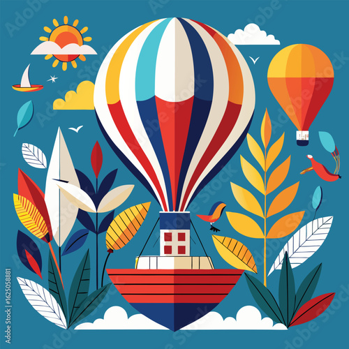 Hot air balloon adventure with colorful nature elements