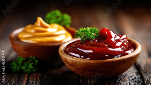 Vibrant bowls of ketchup and mustard are artfully arranged, offering a delightful contrast against the rustic backdrop, celebrating culinary simplicity and enjoyment.