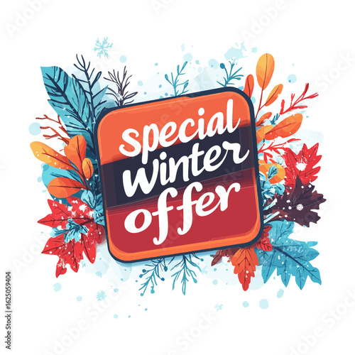  stylized flat vector illustration of a "Special Winter Offer" banner surrounded by colorful foliage and snowflakes, perfect for websites or blogs advertising seasonal sales and promotions.