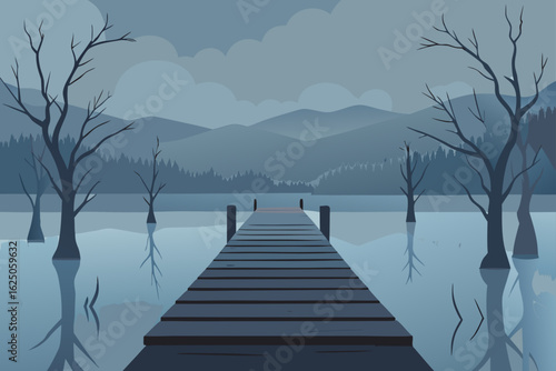 A wooden pier extends into a calm lake surrounded by bare trees and distant mountains under a cloudy sky
