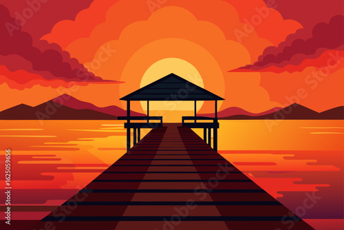Pier with gazebo at a vibrant sunset over the water
