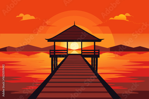 Serene sunset over water with pier and gazebo