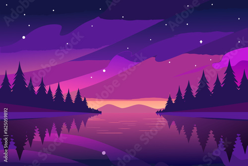 Serene purple twilight sky over a calm lake with pine trees reflected