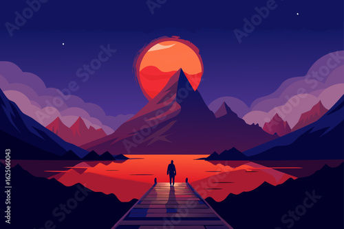 Lone figure on pier gazes at vibrant sunset over mountain lake
