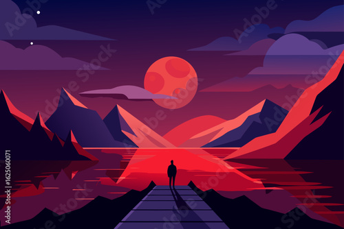 Lone figure stands on a pier overlooking a vibrant red moonlit lake and mountains