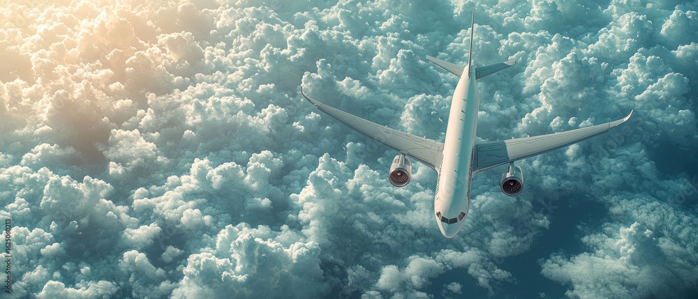 Fototapeta premium Above the Clouds: Airplane Soaring Through a Sea of Clouds