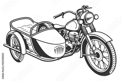 Vintage motorcycle with sidecar in black and white