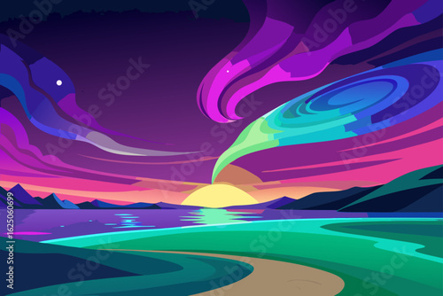 Vibrant abstract landscape with aurora borealis and sunset over water