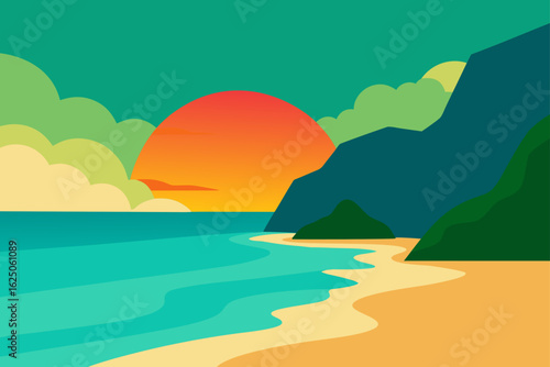 Flat design tropical beach sunset with ocean waves and cliffs