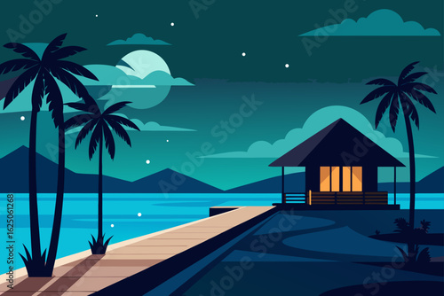 Tranquil tropical night scene with a pier and beach hut under the moonlight