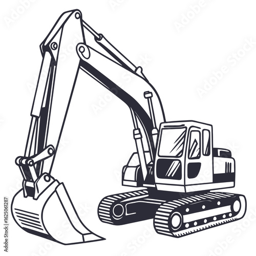 Detailed sketch of a tracked excavator machine. Vector
