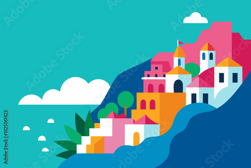 Colorful mediterranean village on a hillside by the sea
