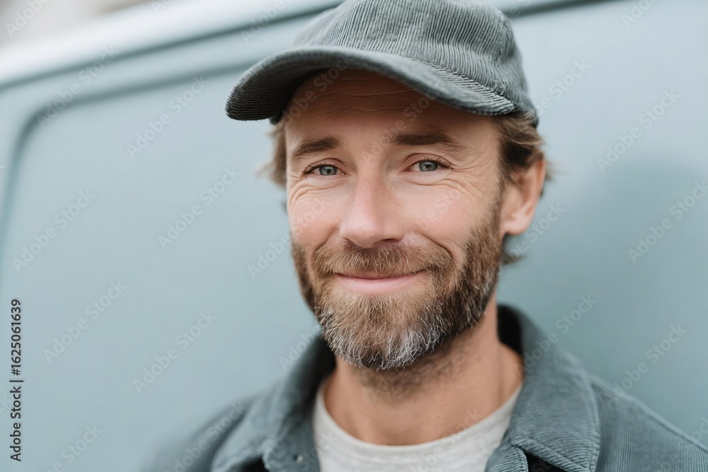 Man with a grey hat and beard is smiling Man with a grey hat and beard is smiling