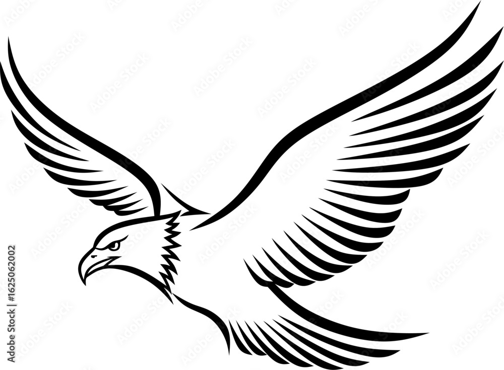 Fototapeta premium Majestic eagle in flight, a powerful bird of prey rendered in a bold black and white line art style for a logo or emblem.